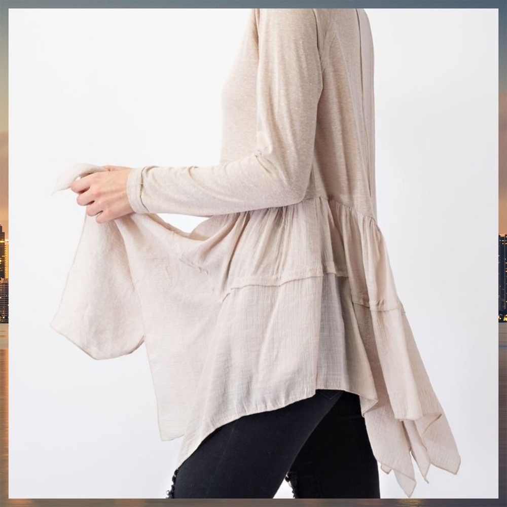 EASEL Long Sleeved Asymmetrical Ruffled Hem Lightweight Tunic Top - Picture 5 of 14